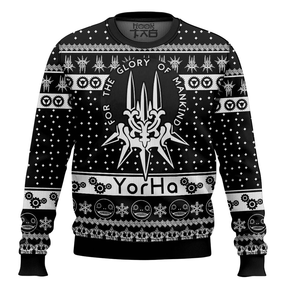 Hooktab Glory to Mankind Yorha Nier Automata Ugly Christmas Sweater Hooktab Glory to Mankind Yorha Nier Automata Ugly Christmas Sweater