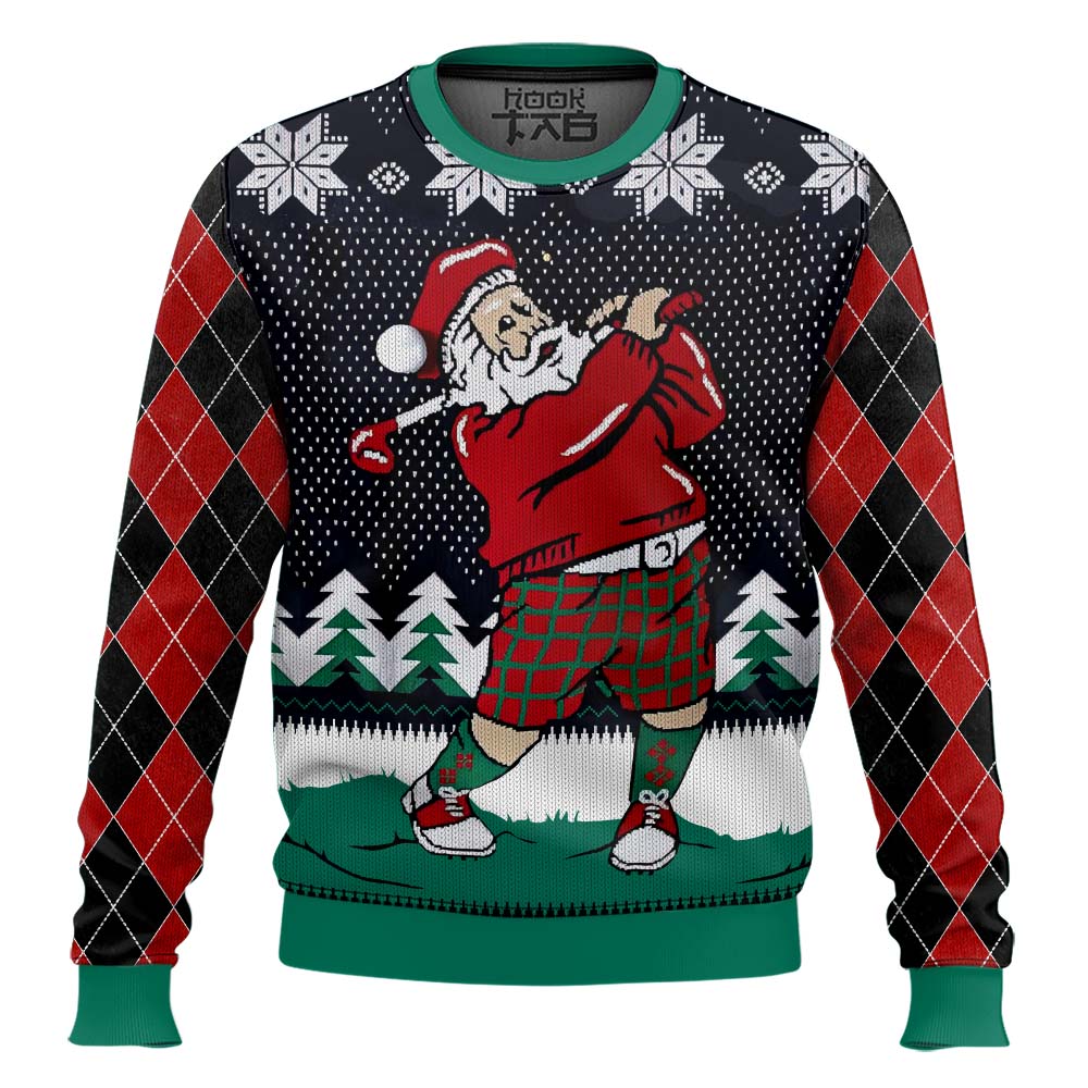 Hooktab Golf Swing Santa Claus Ugly Christmas Sweater Hooktab Golf Swing Santa Claus Ugly Christmas Sweater
