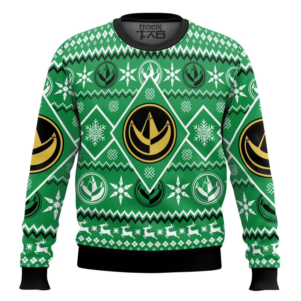 Hooktab Green Power Rangers Mighty Morphin Ugly Christmas Sweater Hooktab Green Power Rangers Mighty Morphin Ugly Christmas Sweater