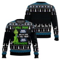 Hooktab Grinch I Will Drink Bud Light Everywhere Ugly Christmas Sweater