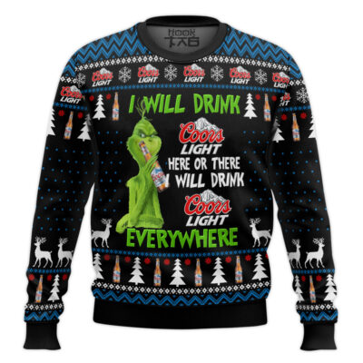 Grinch I Will Drink Coors Light Everywhere Ugly Christmas Sweater