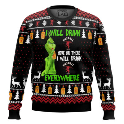 Grinch I Will Drink Fireball Whisky Everywhere Ugly Christmas Sweater