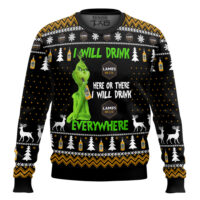 Hooktab Grinch I Will Drink Lambs Rum Everywhere Ugly Christmas Sweater
