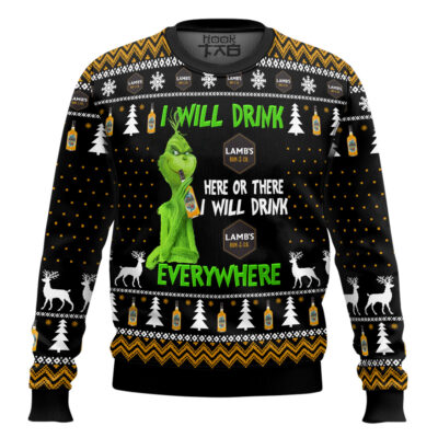 Grinch I Will Drink Lambs Rum Everywhere Ugly Christmas Sweater