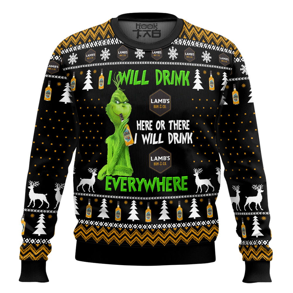 Hooktab Grinch I Will Drink Lambs Rum Everywhere Ugly Christmas Sweater Hooktab Grinch I Will Drink Lambs Rum Everywhere Ugly Christmas Sweater