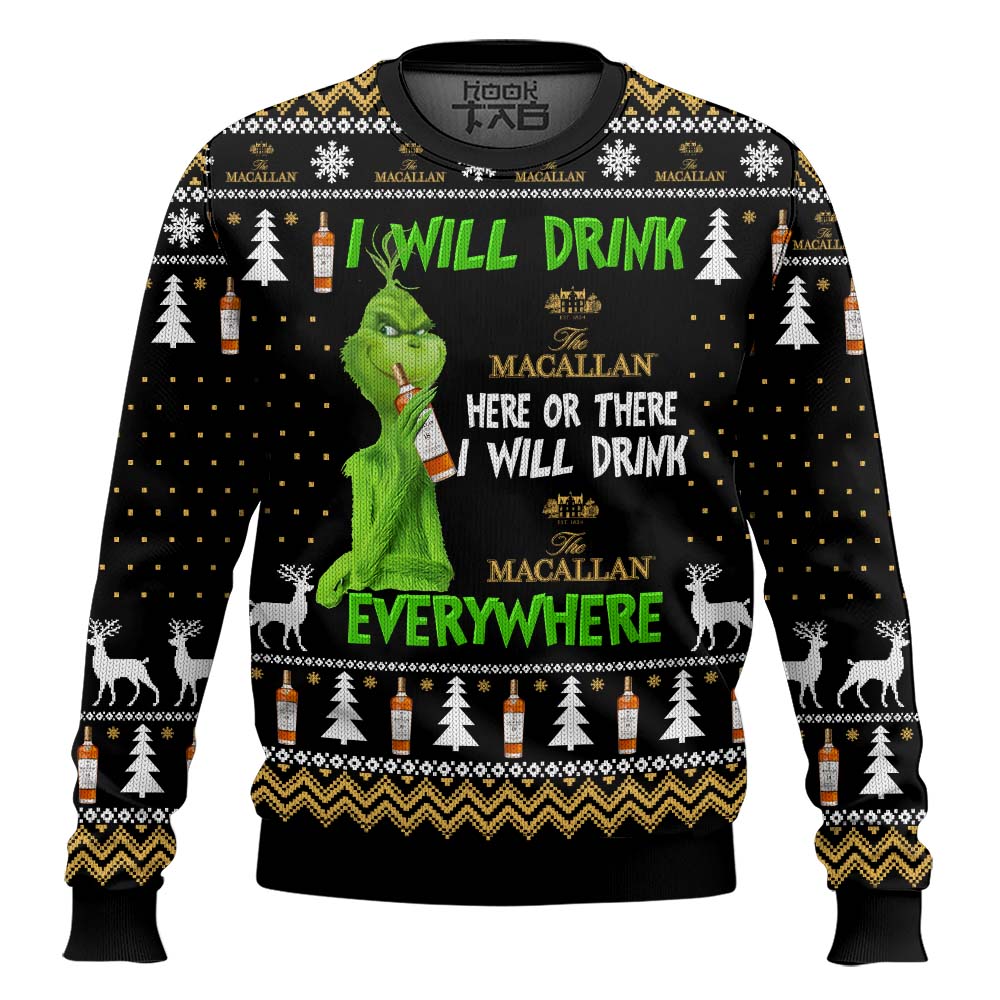 Hooktab Grinch I Will Drink Macallan Everywhere Ugly Christmas Sweater Hooktab Grinch I Will Drink Macallan Everywhere Ugly Christmas Sweater