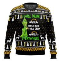 Hooktab Grinch I Will Drink Twisted Tea Everywhere Ugly Christmas Sweater
