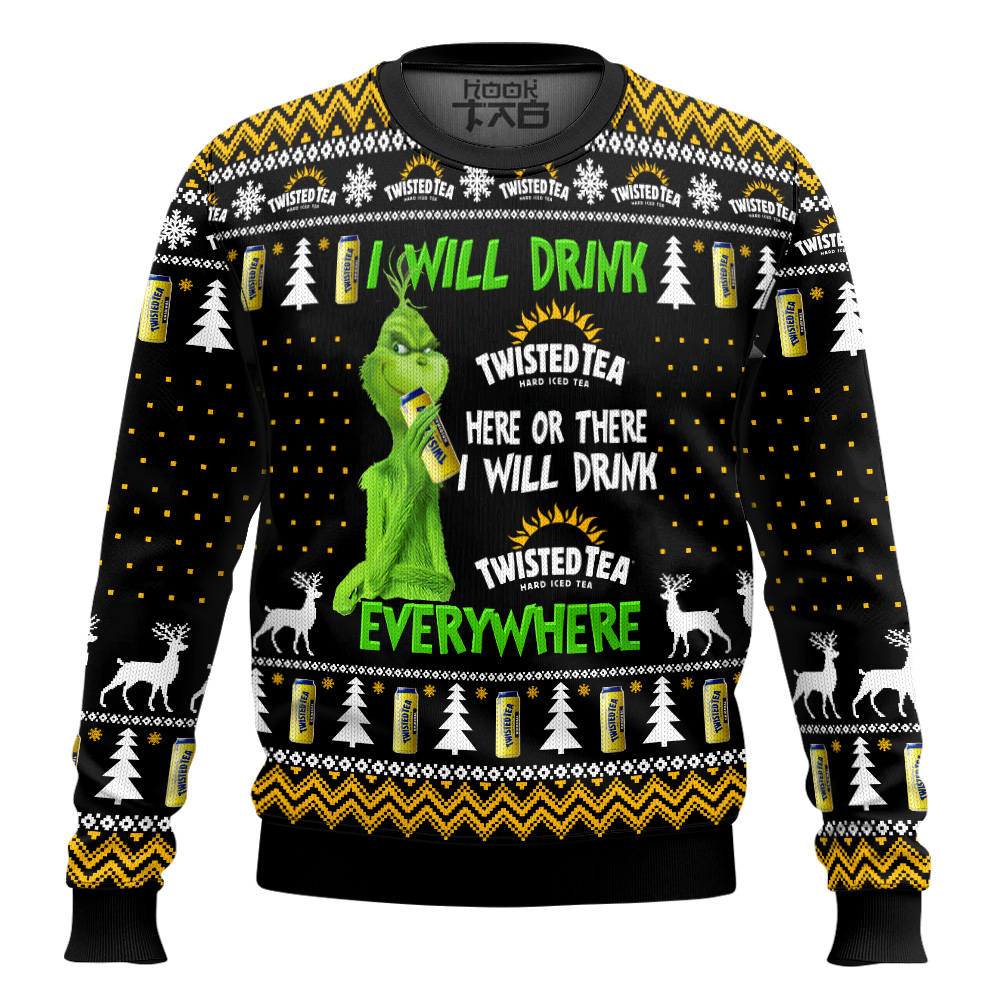 Hooktab Grinch I Will Drink Twisted Tea Everywhere Ugly Christmas Sweater Hooktab Grinch I Will Drink Twisted Tea Everywhere Ugly Christmas Sweater