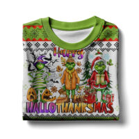 Hooktab Happy Hallothanksmas The Grinch Ugly Christmas Sweater