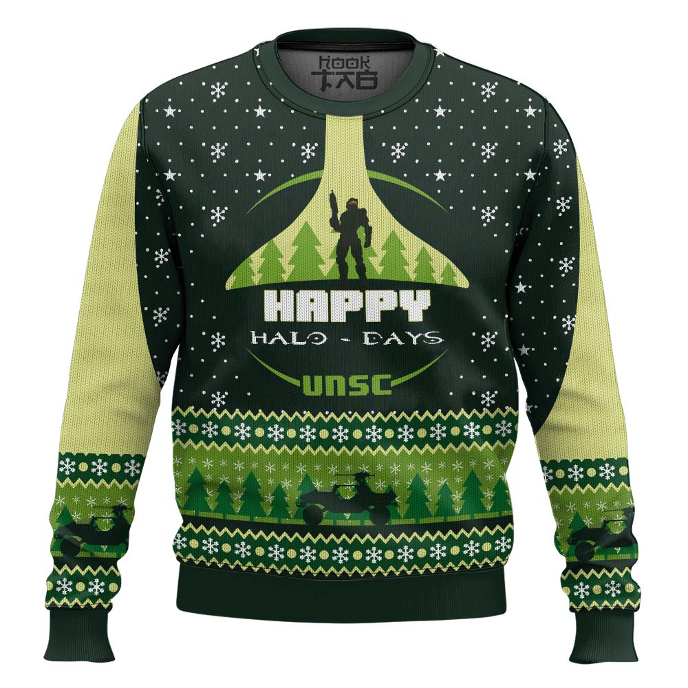 Hooktab Happy Halo-days UNSC Halo Ugly Christmas Sweater Hooktab Happy Halo-days UNSC Halo Ugly Christmas Sweater