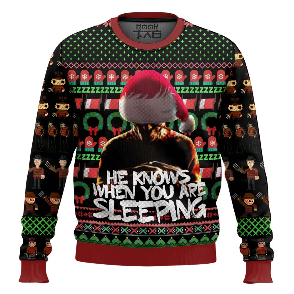 Hooktab He Know When You Are Sleeping A Nightmare on Elm Street Ugly Christmas Sweater Hooktab He Know When You Are Sleeping A Nightmare on Elm Street Ugly Christmas Sweater