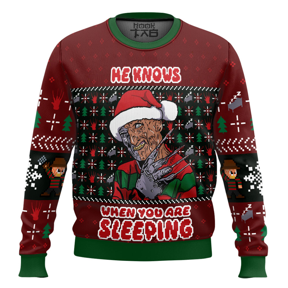 Hooktab He Know When You Are Sleeping Freddy Krueger Ugly Christmas Sweater Hooktab He Know When You Are Sleeping Freddy Krueger Ugly Christmas Sweater