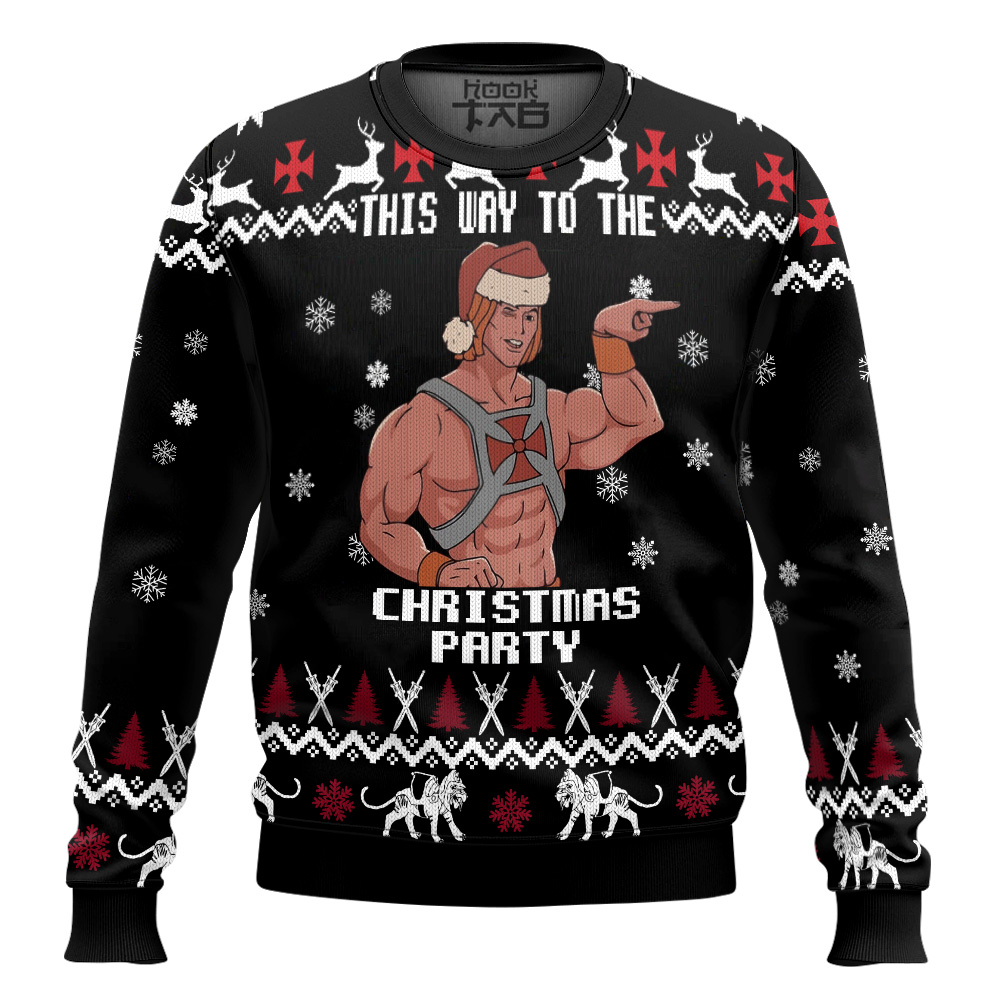 Hooktab He-man "This Way To The Christmas Party" Masters of the Universe Ugly Christmas Sweater Hooktab He-man "This Way To The Christmas Party" Masters of the Universe Ugly Christmas Sweater