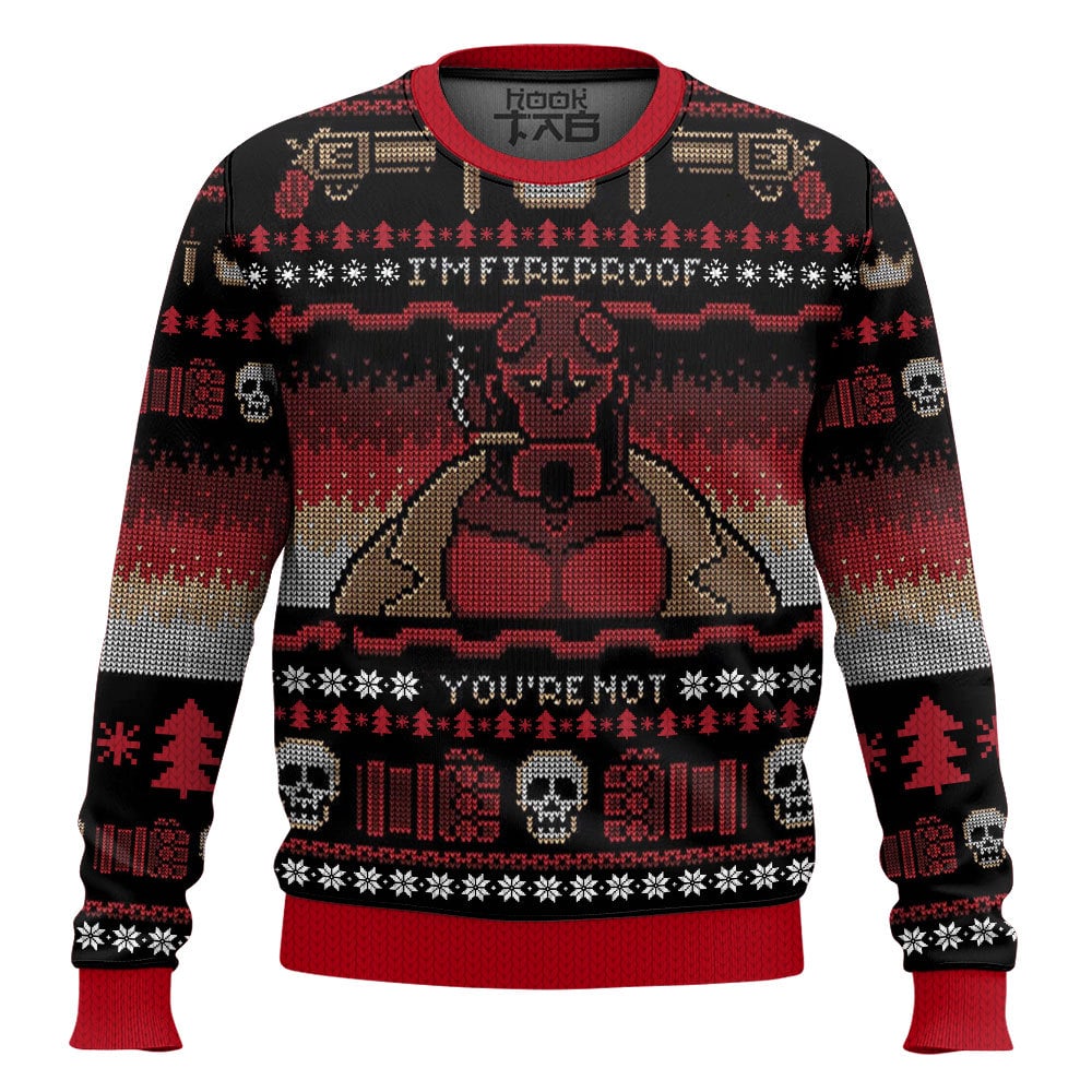 Hooktab Hellboy I'm Fireproof Ugly Christmas Sweater Hooktab Hellboy I'm Fireproof Ugly Christmas Sweater