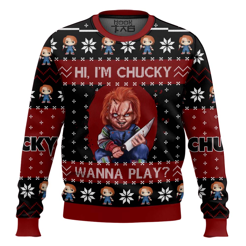 Hooktab Hi I'm Chucky Wanna Play Ugly Christmas Sweater Hooktab Hi I'm Chucky Wanna Play Ugly Christmas Sweater
