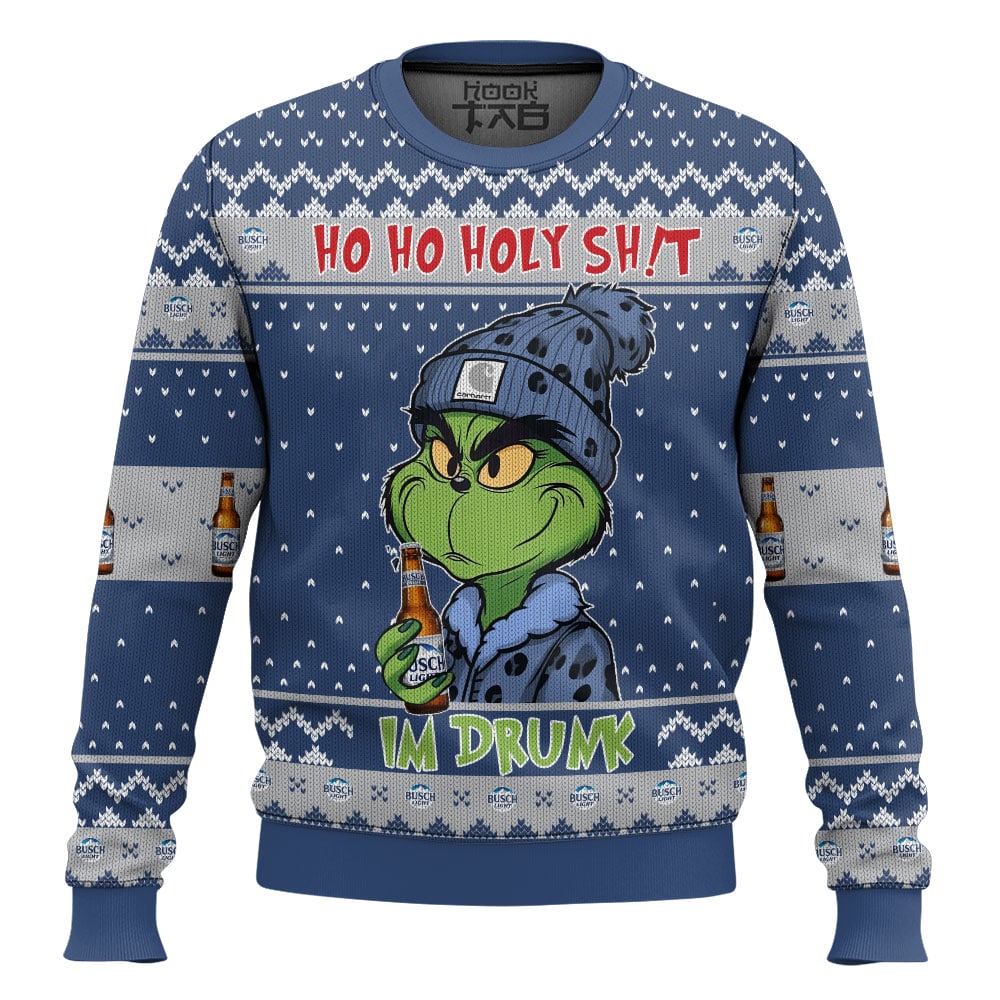 Hooktab Ho Ho Holy Sh!t I'm Drunk Busch Light Grinch Ugly Christmas Sweater Hooktab Ho Ho Holy Sh!t I'm Drunk Busch Light Grinch Ugly Christmas Sweater
