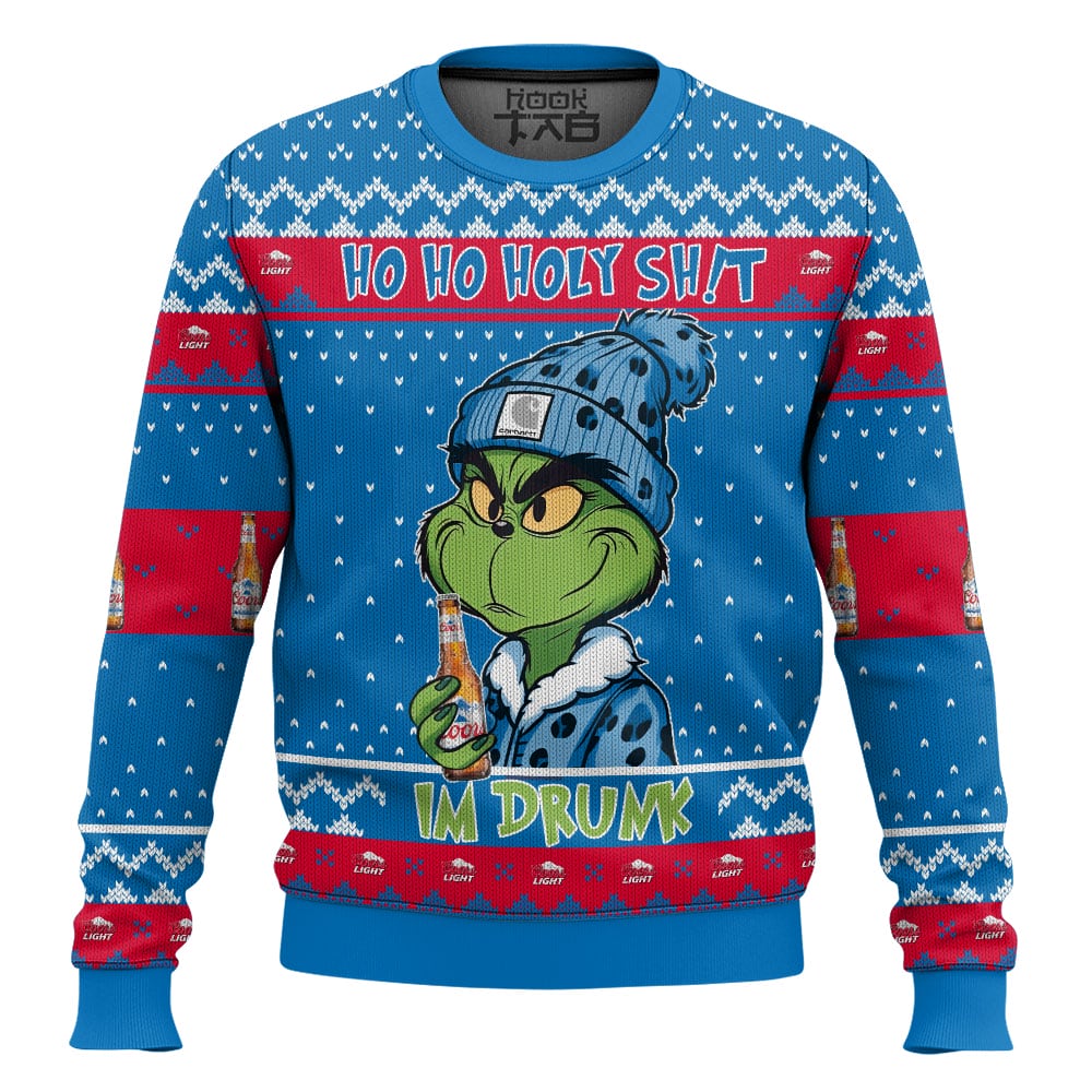 Hooktab Ho Ho Holy Sh!t I'm Drunk Coors Light Grinch Ugly Christmas Sweater Hooktab Ho Ho Holy Sh!t I'm Drunk Coors Light Grinch Ugly Christmas Sweater