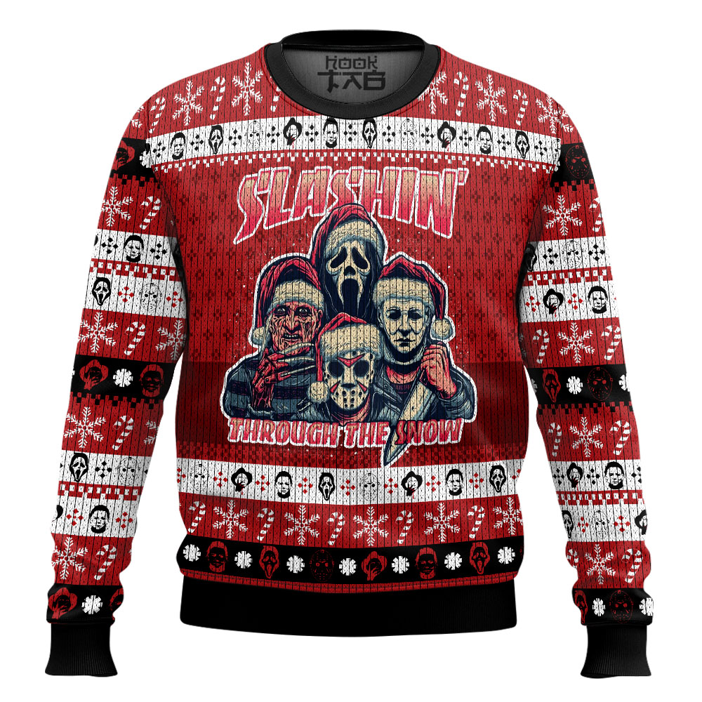 Hooktab Horror Guys Slashin Through The Snow Ugly Christmas Sweater Hooktab Horror Guys Slashin Through The Snow Ugly Christmas Sweater