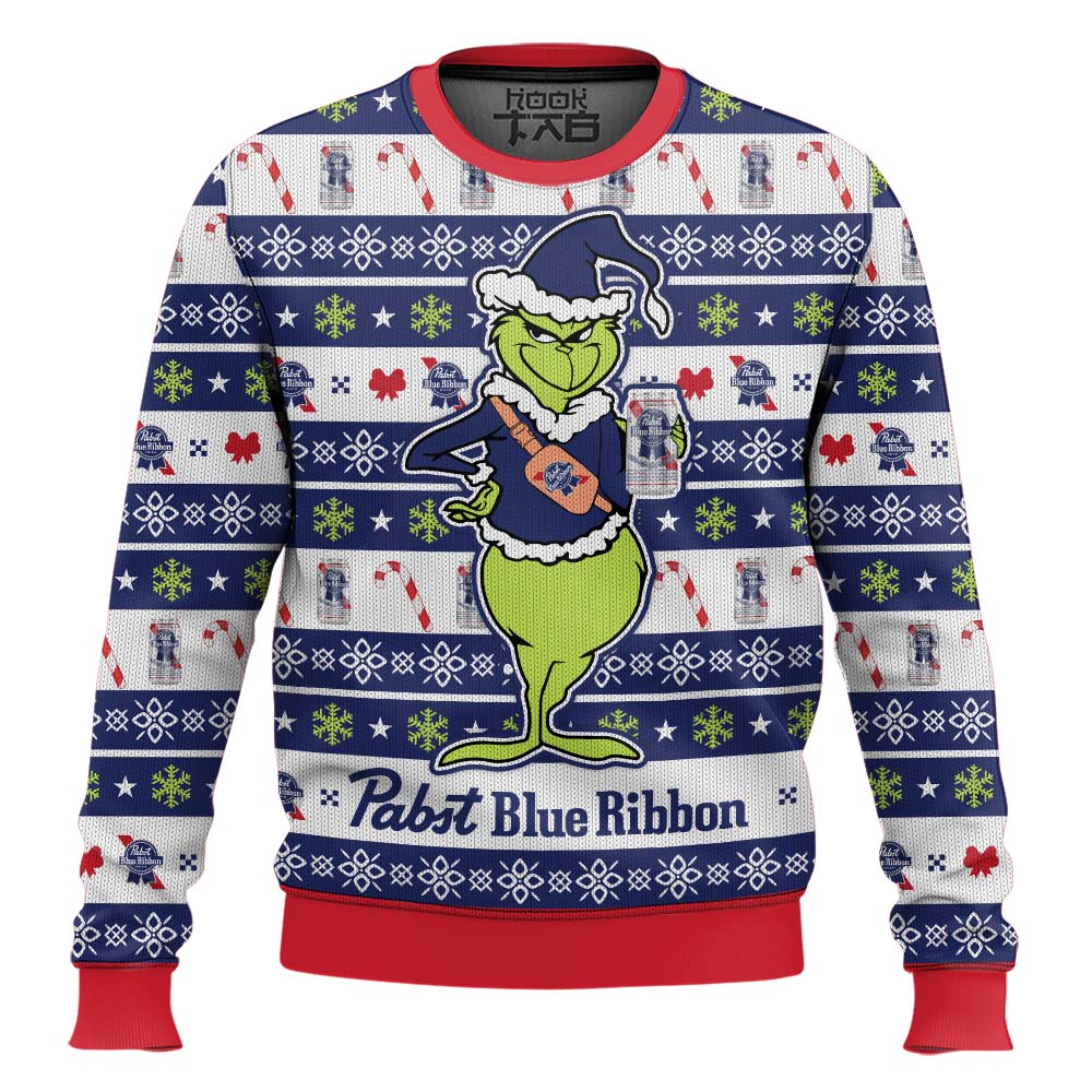 Hooktab How The Grinch Stole Pabst Blue Ribbon Ugly Christmas Sweater Hooktab How The Grinch Stole Pabst Blue Ribbon Ugly Christmas Sweater