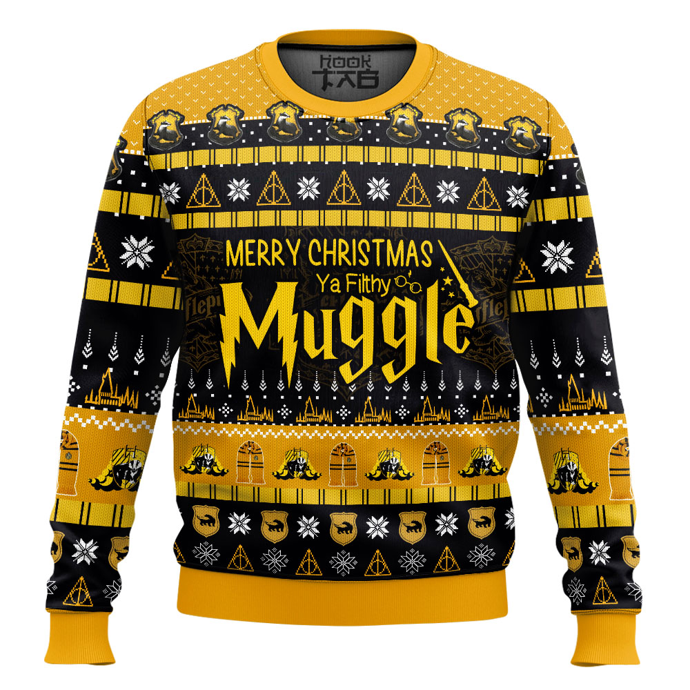 Hooktab Hufflepuff Merry Christmas Ya Filthy Muggle Sweater Hooktab Hufflepuff Merry Christmas Ya Filthy Muggle Sweater
