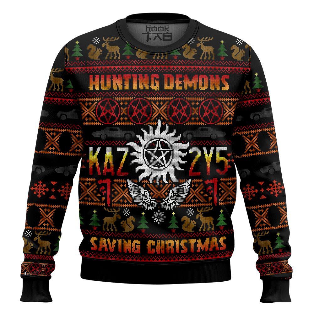 Hooktab Hunting Demons Saving Christmas Kaz 2y5 Supernatural Ugly Christmas Sweater Hooktab Hunting Demons Saving Christmas Kaz 2y5 Supernatural Ugly Christmas Sweater