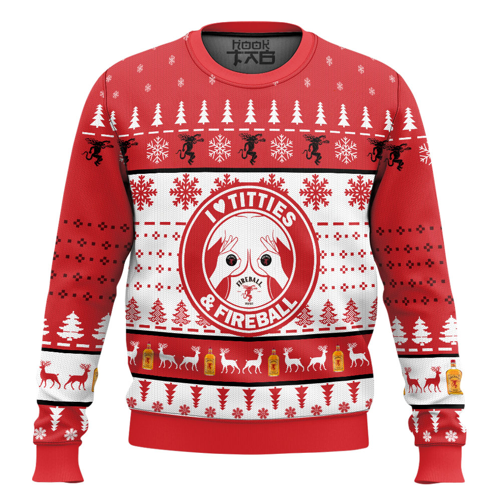 Hooktab I Love Titties And Fireball Whiskey Ugly Christmas Sweater Hooktab I Love Titties And Fireball Whiskey Ugly Christmas Sweater