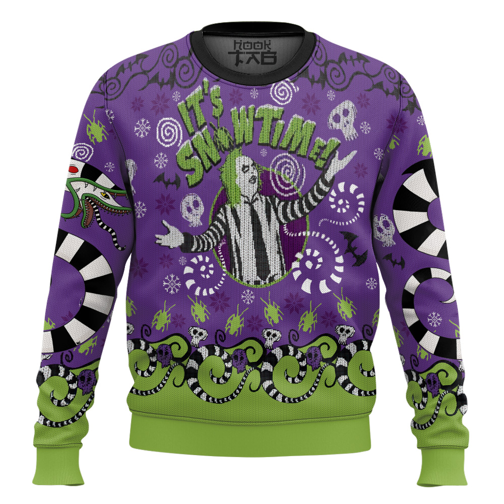 Hooktab It's Snowtime Beetlejuice Ugly Christmas Sweater Hooktab It's Snowtime Beetlejuice Ugly Christmas Sweater