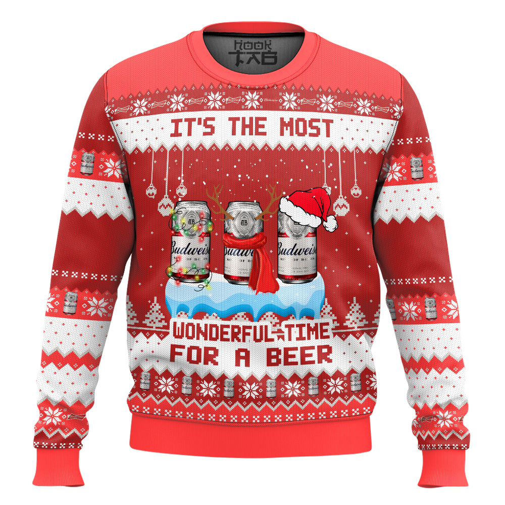 Hooktab It's The Most Wonderful Time For A Budweiser Ugly Christmas Sweater Hooktab It's The Most Wonderful Time For A Budweiser Ugly Christmas Sweater