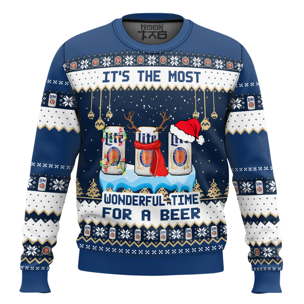 Hooktab It's The Most Wonderful Time For A Miller Lite Ugly Christmas Sweater Hooktab It's The Most Wonderful Time For A Miller Lite Ugly Christmas Sweater