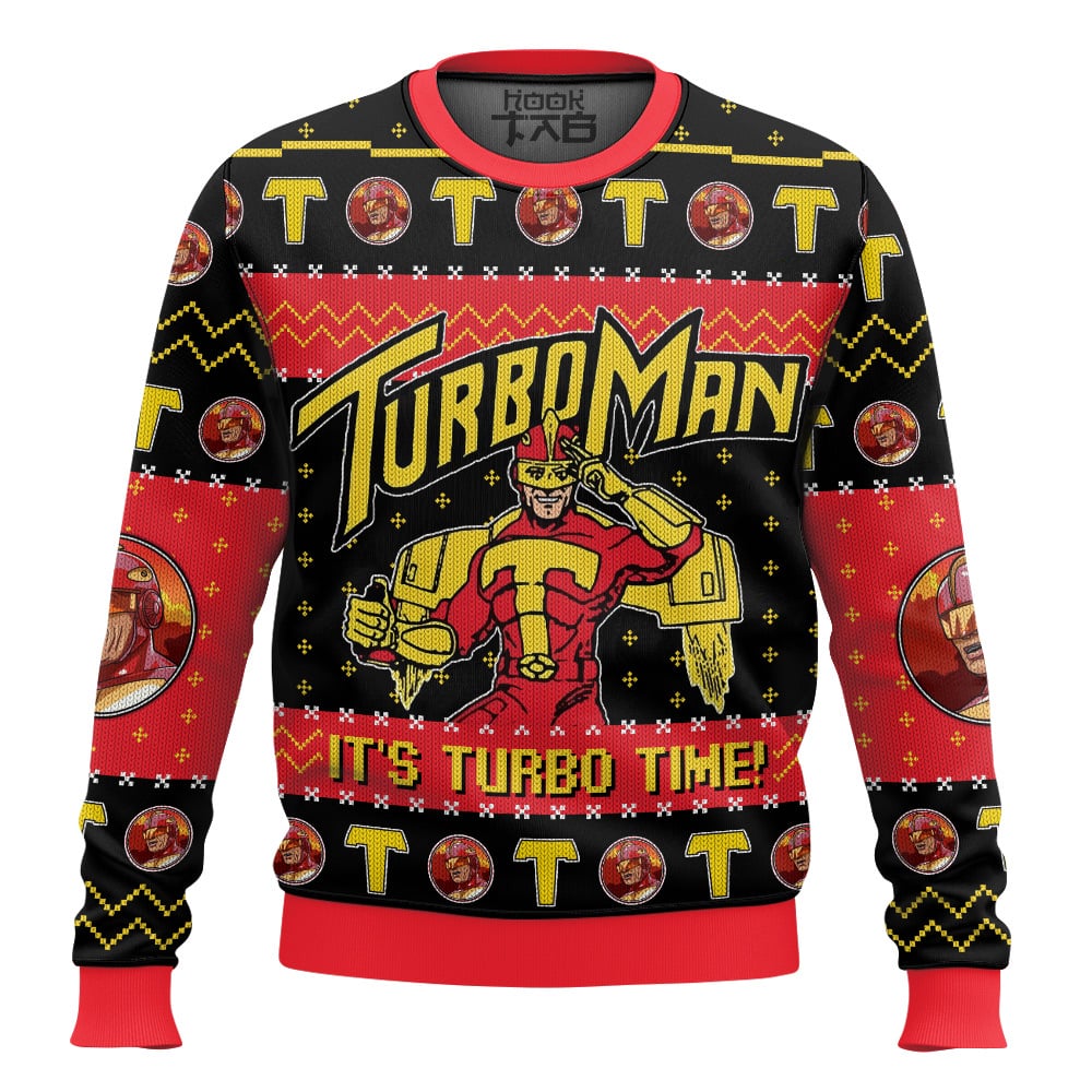 Hooktab It's Turbo Time! Turbo Man Ugly Christmas Sweater Hooktab It's Turbo Time! Turbo Man Ugly Christmas Sweater