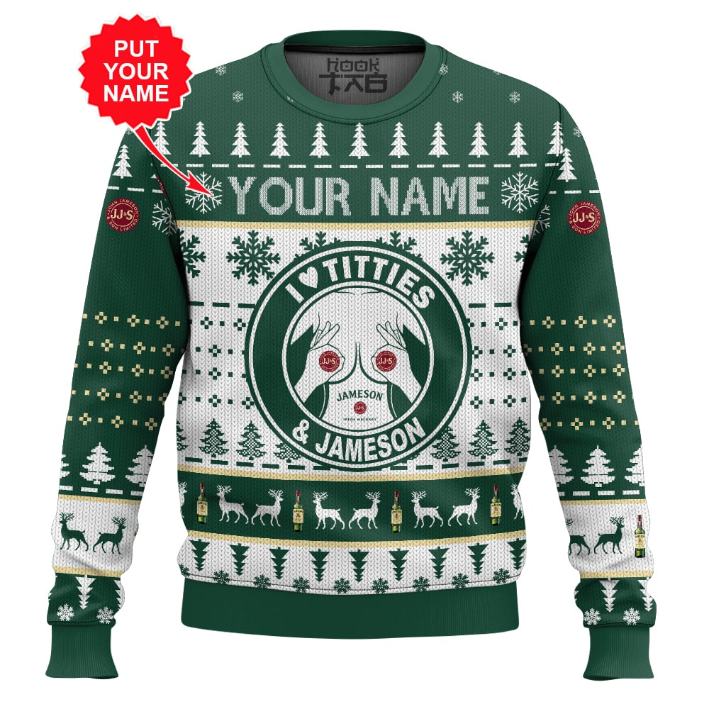 Hooktab Jameson Titties Funny - Custom Name Ugly Christmas Sweater Hooktab Jameson Titties Funny - Custom Name Ugly Christmas Sweater