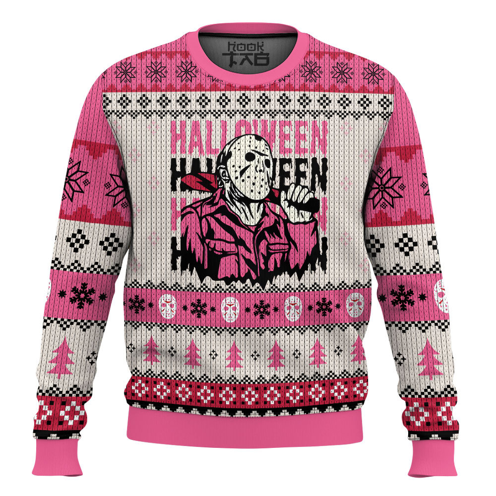 Hooktab Jason Pink Halloween Friday The 13th Ugly Christmas Sweater Hooktab Jason Pink Halloween Friday The 13th Ugly Christmas Sweater