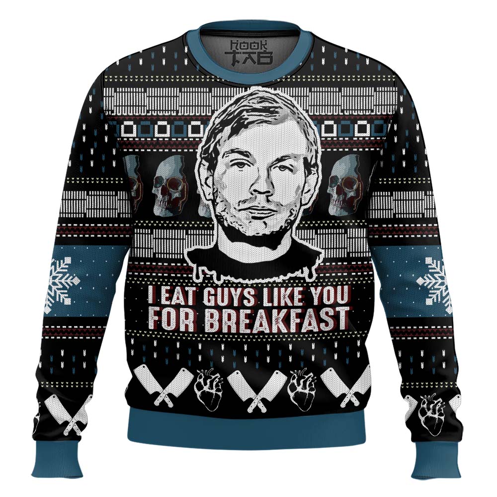 Hooktab Jeffrey Dahmer I Eat Guys Like You For Breakfast Ugly Christmas Sweater Hooktab Jeffrey Dahmer I Eat Guys Like You For Breakfast Ugly Christmas Sweater