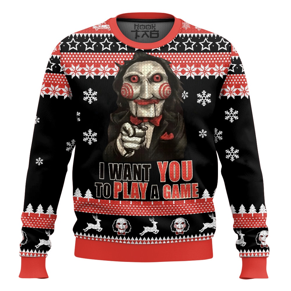 Hooktab Jigsaw I Want To Play A Game Saw Ugly Christmas Sweater Hooktab Jigsaw I Want To Play A Game Saw Ugly Christmas Sweater