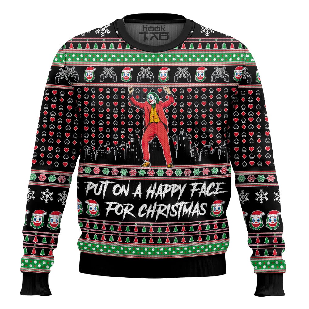 Hooktab Joker "Put On A Happy Face For Christmas" Ugly Christmas Sweater Hooktab Joker "Put On A Happy Face For Christmas" Ugly Christmas Sweater