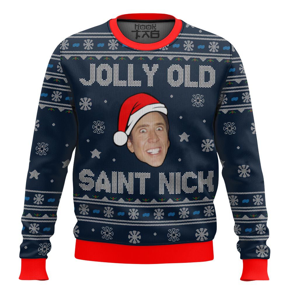 Hooktab Jolly Old Saint Nick Nicolas Cage Ugly Christmas Sweater Hooktab Jolly Old Saint Nick Nicolas Cage Ugly Christmas Sweater