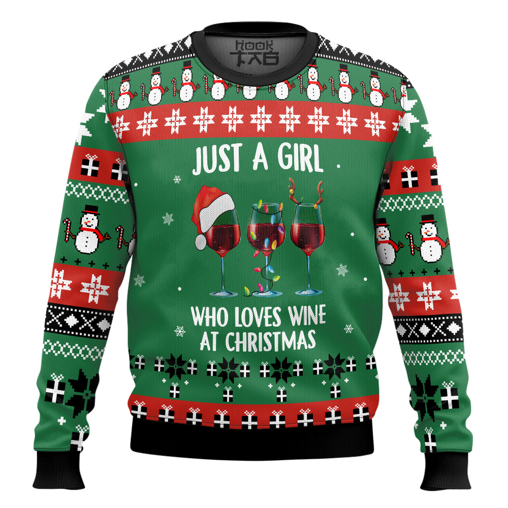 Hooktab Just A Girl Love Wine Ugly Christmas Sweater Hooktab Just A Girl Love Wine Ugly Christmas Sweater