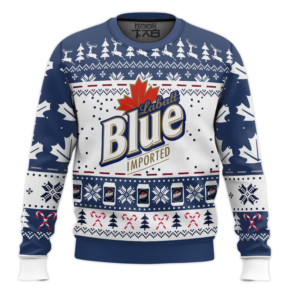 Hooktab Labatt Blue Beer Ugly Christmas Sweater Hooktab Labatt Blue Beer Ugly Christmas Sweater