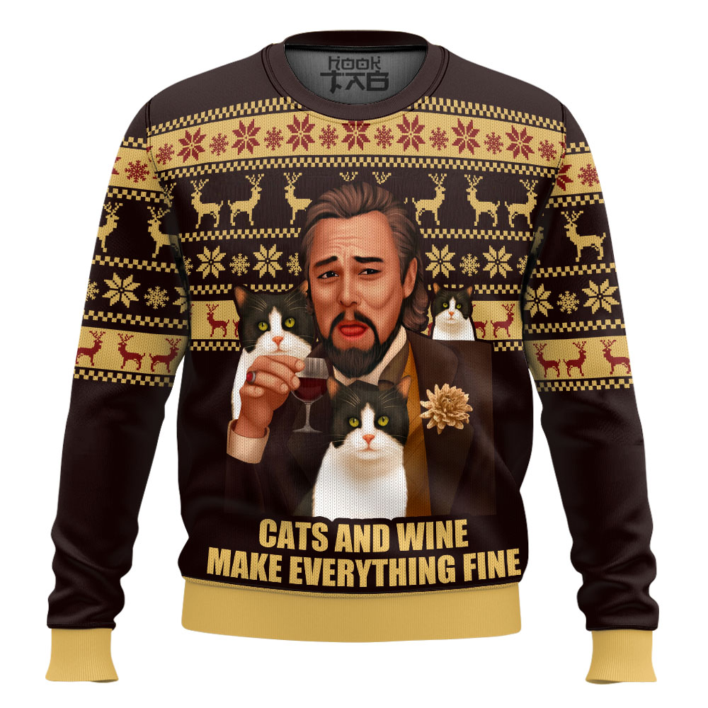 Hooktab Leonardo Dicaprio Cats And Wine Make Everything Fine Ugly Christmas Sweater Hooktab Leonardo Dicaprio Cats And Wine Make Everything Fine Ugly Christmas Sweater