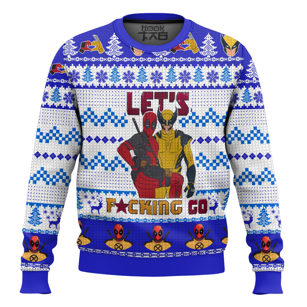 Hooktab Let's Fxcking Go Deadpool & Wolverine - Blue Ugly Christmas Sweater Hooktab Let's Fxcking Go Deadpool & Wolverine - Blue Ugly Christmas Sweater