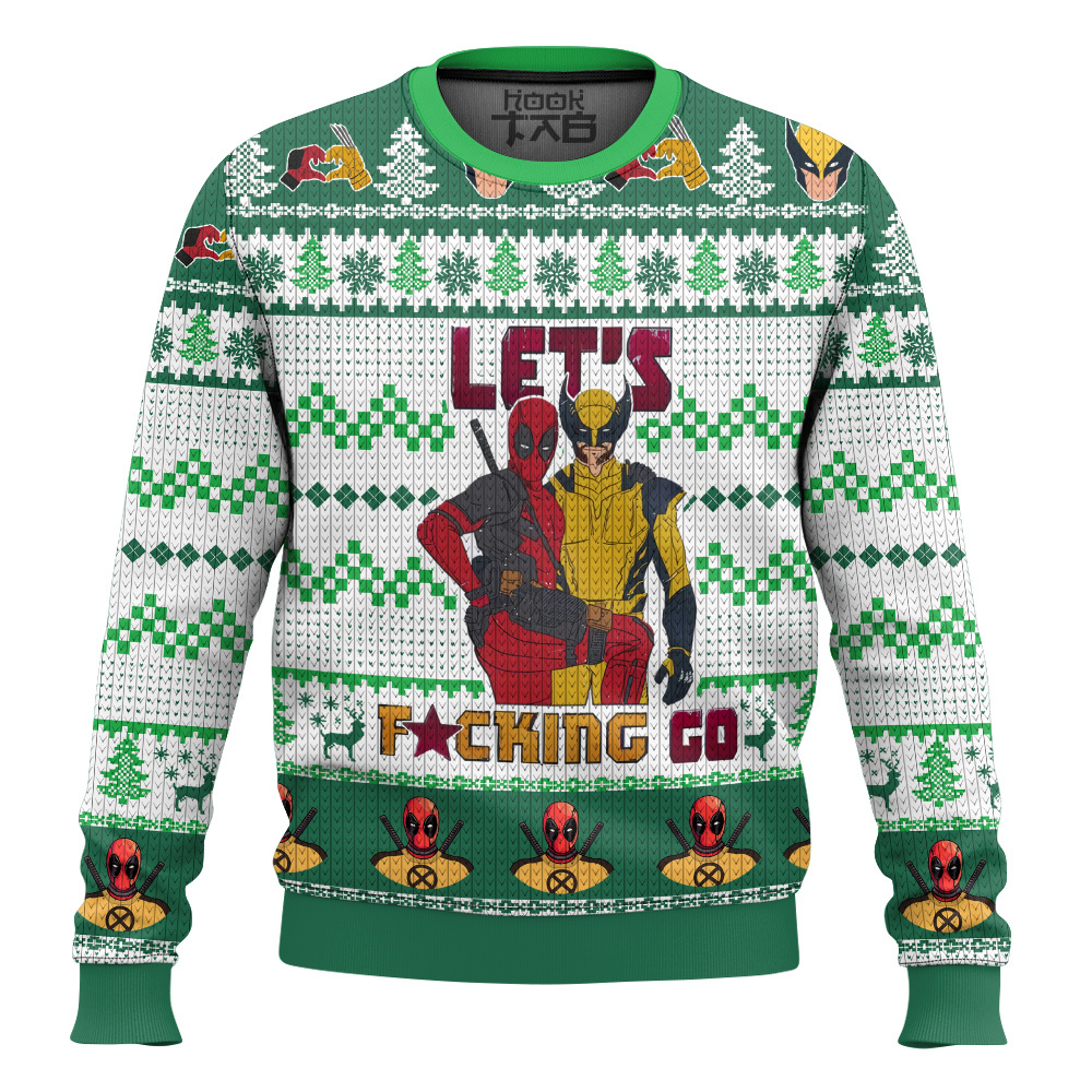 Hooktab Let's Fxcking Go Deadpool & Wolverine - Green Ugly Christmas Sweater Hooktab Let's Fxcking Go Deadpool & Wolverine - Green Ugly Christmas Sweater
