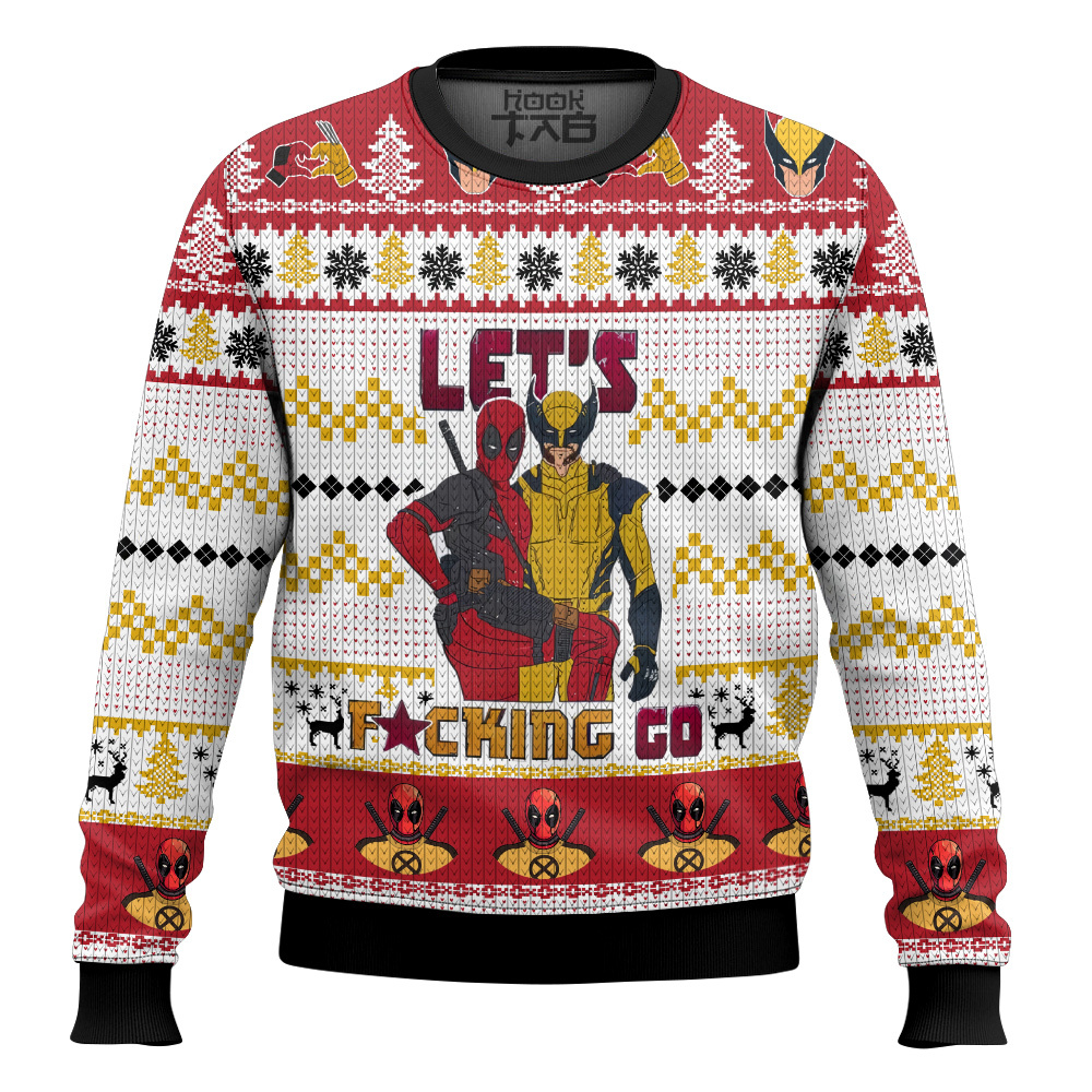 Hooktab Let's Fxcking Go Deadpool & Wolverine - Red Ugly Christmas Sweater Hooktab Let's Fxcking Go Deadpool & Wolverine - Red Ugly Christmas Sweater