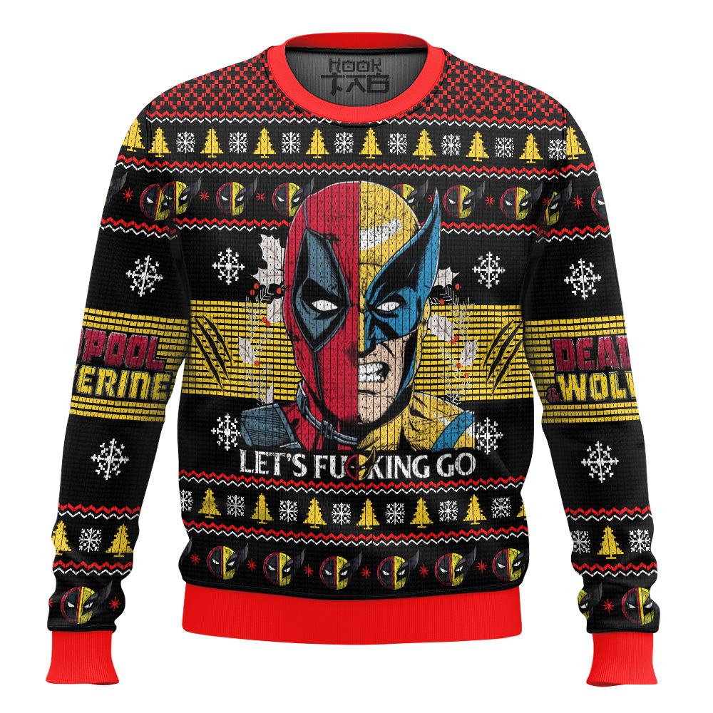 Hooktab Let's Go Deadpool & Wolverine Ugly Christmas Sweater Hooktab Let's Go Deadpool & Wolverine Ugly Christmas Sweater