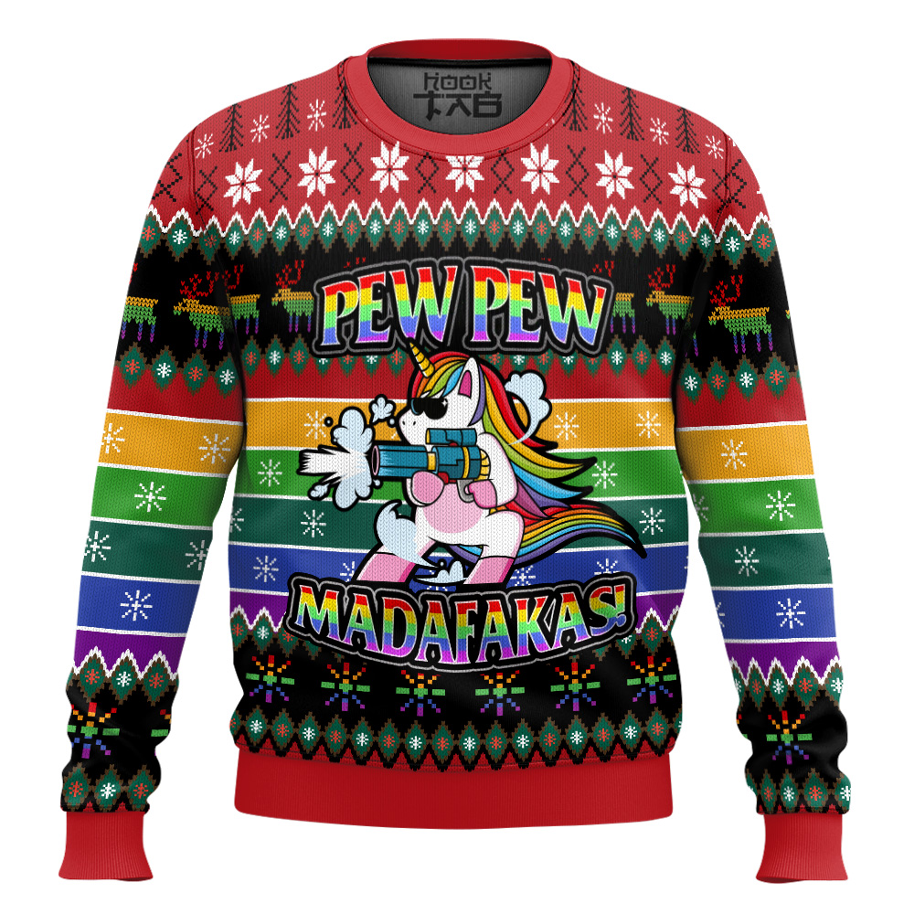 Hooktab LGBT Unicorn Pew Pew Madafakas Ugly Christmas Sweater Hooktab LGBT Unicorn Pew Pew Madafakas Ugly Christmas Sweater