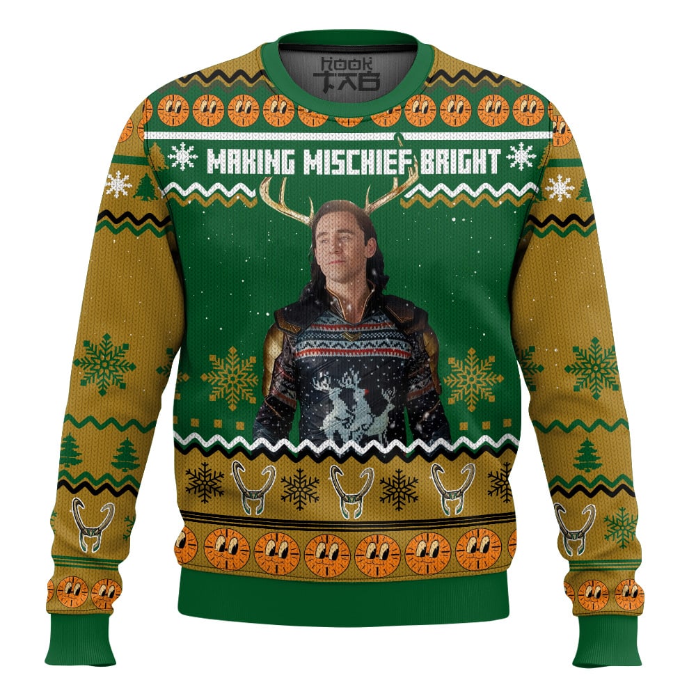 Hooktab Loki Making Mischief Bright Marvel Ugly Christmas Sweater Hooktab Loki Making Mischief Bright Marvel Ugly Christmas Sweater