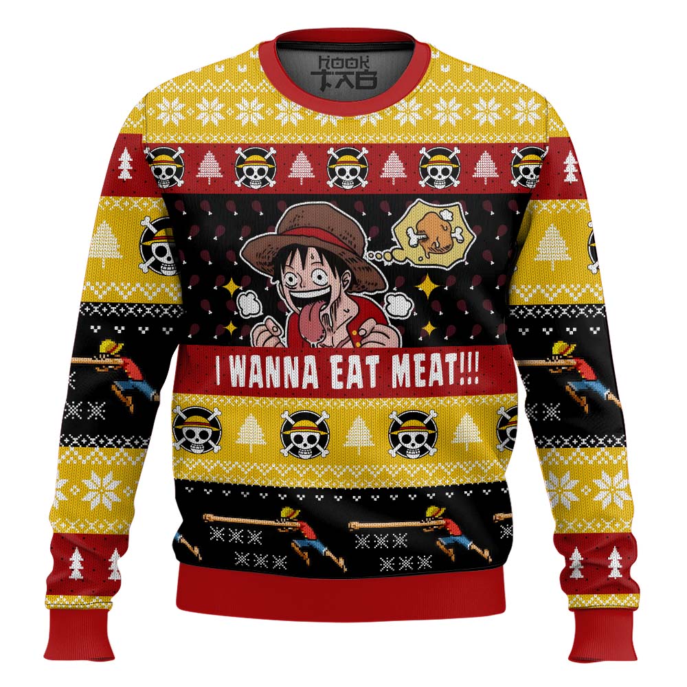 Hooktab Luffy I Want To Eat Meat One Piece Ugly Christmas Sweater Hooktab Luffy I Want To Eat Meat One Piece Ugly Christmas Sweater