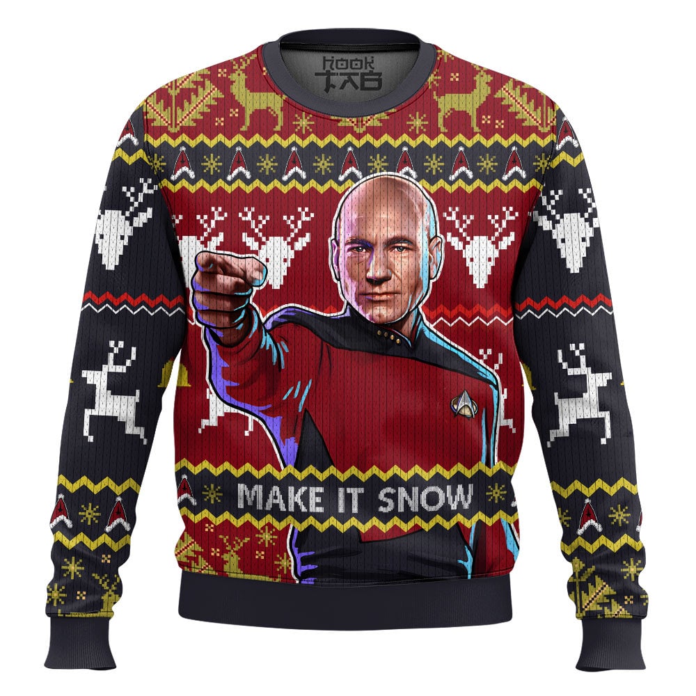 Hooktab Make It Snow Jean-Luc Picard Star Trek Ugly Christmas Sweater Hooktab Make It Snow Jean-Luc Picard Star Trek Ugly Christmas Sweater