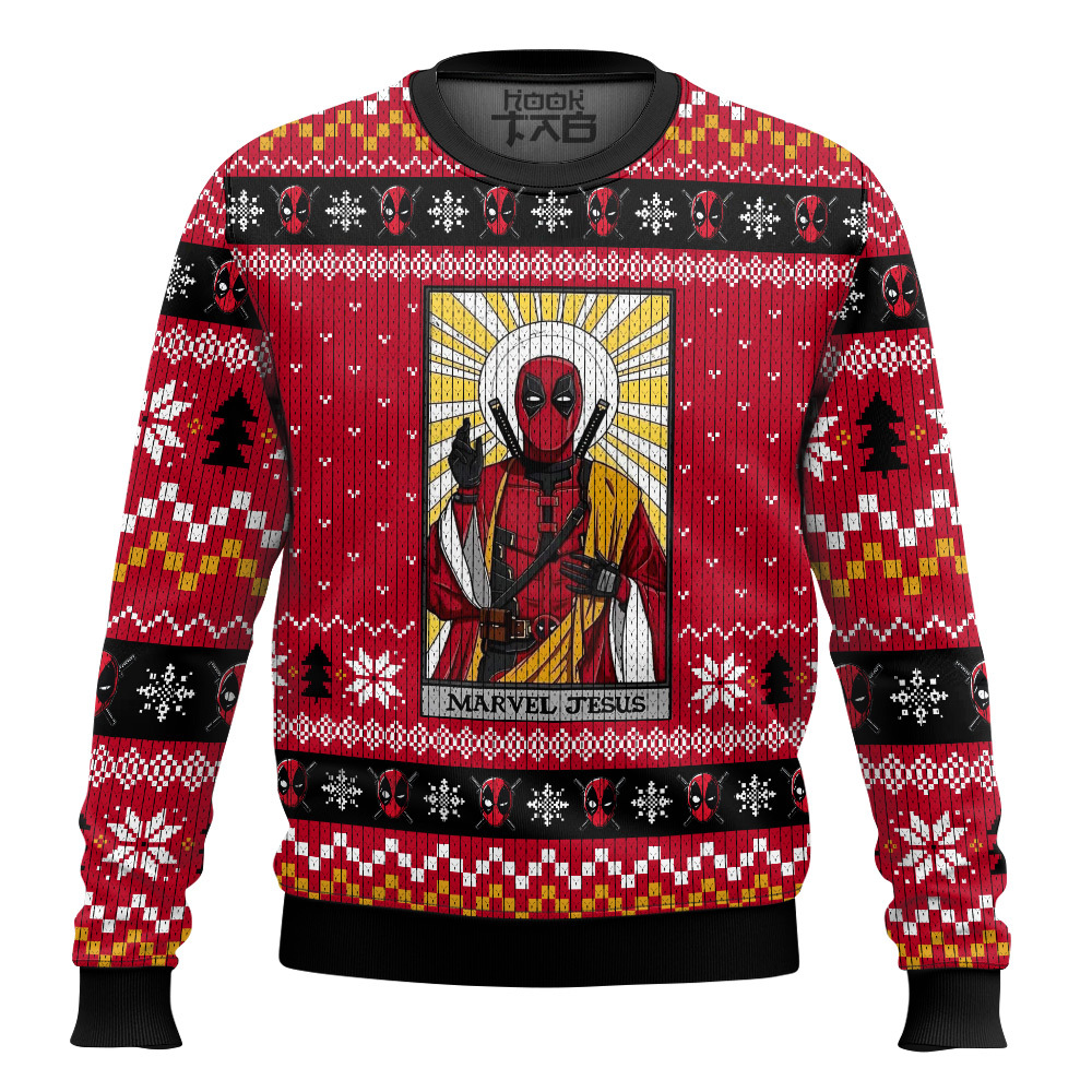 Hooktab Marvel Jesus Deadpool Ugly Christmas Sweater Hooktab Marvel Jesus Deadpool Ugly Christmas Sweater