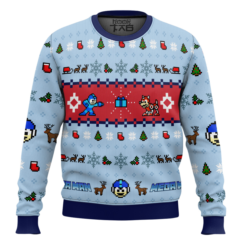 Hooktab Mega Holiday Mega Man Ugly Christmas Sweater Hooktab Mega Holiday Mega Man Ugly Christmas Sweater