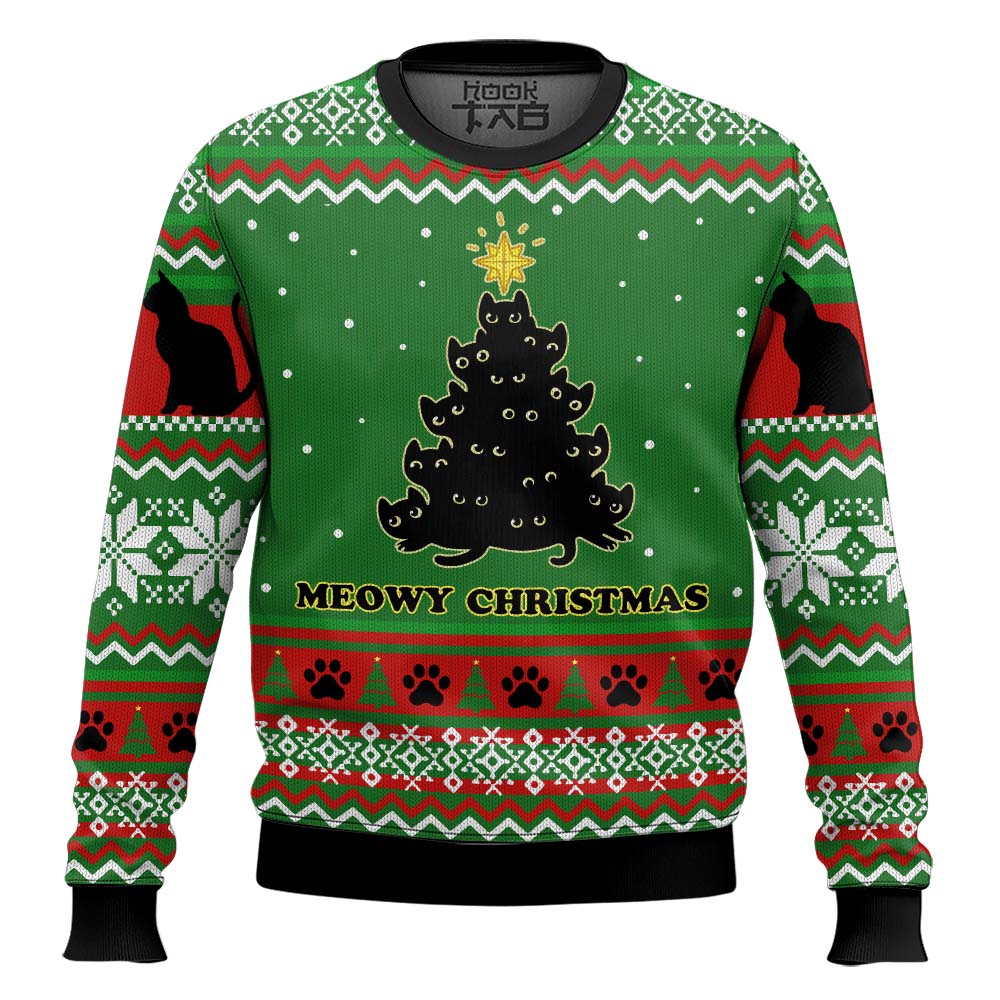 Hooktab Meowy Christmas Black Cat Tree Ugly Christmas Sweater Hooktab Meowy Christmas Black Cat Tree Ugly Christmas Sweater